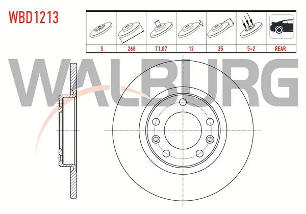 WALBURG WBD1213 | Fren Diski Arka Düz 5 Bjn 268x12x71 1x35 Citroen Berlingo 2 Adet