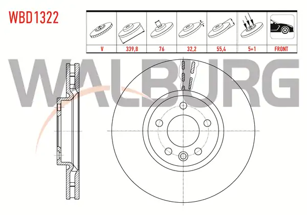 WALBURG WBD1322 | Fren Diski Ön Havalı 5 Bjn 339 8x32 2x76x55 4 Volkswagen 2 Adet