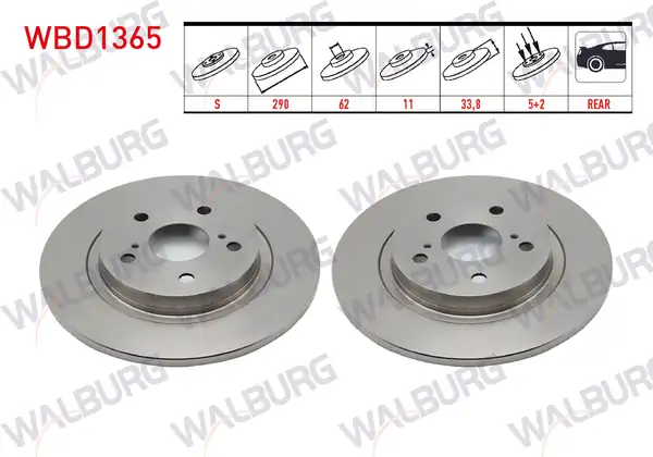 WALBURG WBD1365 | Fren Diski Arka Düz 5 Bjn 290x11x62x33 80 Toyota Avensis 1 6i 1 8i 2 0i 1 6 D 4d 2 0 D 4d 2009 2 Adet