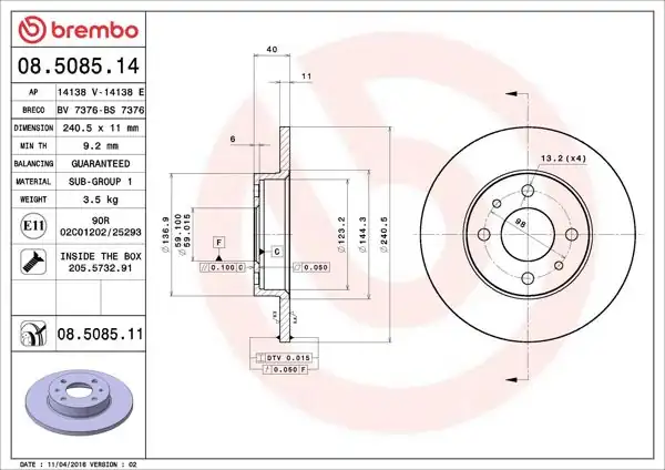 BREMBO 08.5085.14 | Fren Diski Ön Arka Standard Fiat 500 500C Tempra Tipo Punto Panda Marea Bravo Alfa Romeo 145 146 155