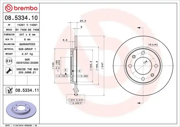BREMBO 08.5334.11 | Fren Diski Arka UV Coated Peugeot | 2 Adet