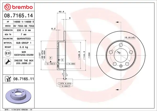 BREMBO 08.7165.11 | Fren Diski Arka (VW Golf 98-06 Polo 02-Audi A1 19-Seat Ibiza 02 -)-232×90 5×100 | 2 Adet