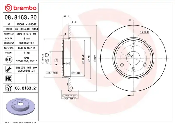 BREMBO 08.8163.21 | Fren Diski X2 Smart Fortwo Cabrıo Fr | 2 Adet