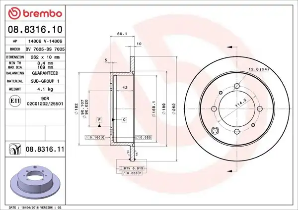 BREMBO 08.8316.10 | Fren Diski Arka Düz (262-4)-(Mıtsubsıhı Lancer 03 / 11 / Galant 92 / 00) | 2 Adet