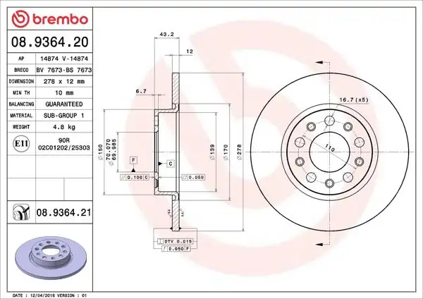 BREMBO 08.9364.21 | Fren Diski Arka UV Coated Alfa Romeo 500X 14> 159 05> Giulietta 10> Brera 05> Spider 06>10 Jeep Renegade 14>