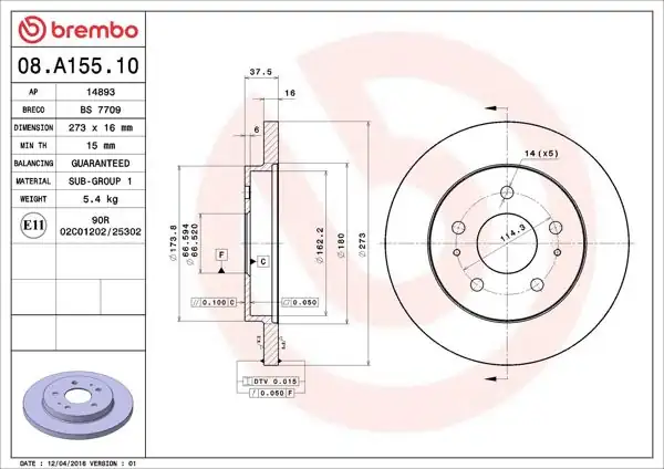 BREMBO 08.A155.10 | Fren Diski Ön Standard Toyota | 2 Adet