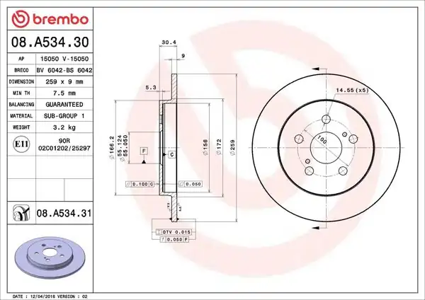 BREMBO 08.A534.31 | Fren Diski Arka UV Coated Toyota | 2 Adet