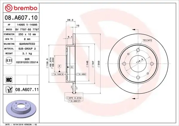 BREMBO 08.A607.11 | Fren Diski Arka UV Coated Mitsubishi | 2 Adet