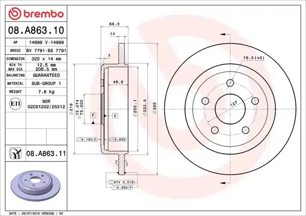 BREMBO 08.A863.11 | Fren Diski Arka UV Coated Jeep | 2 Adet