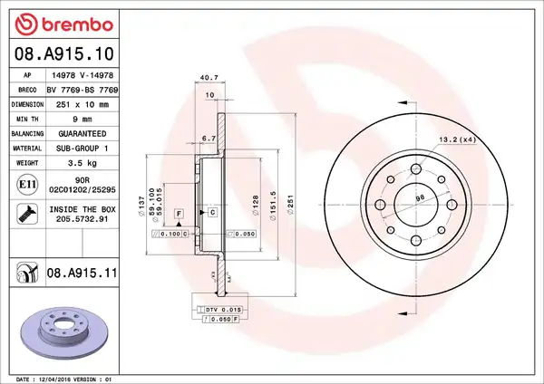 BREMBO 08-A915-11 | Fren Diski Arka UV Coated Alfa Romeo Mıto 08 2 Adet