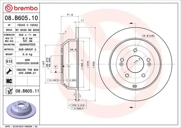BREMBO 08.B605.10 | Fren Diski Arka Düz-(302-5)-(Hyundai Santafe 07 / 12 Kia Sorento 09 /) | 2 Adet