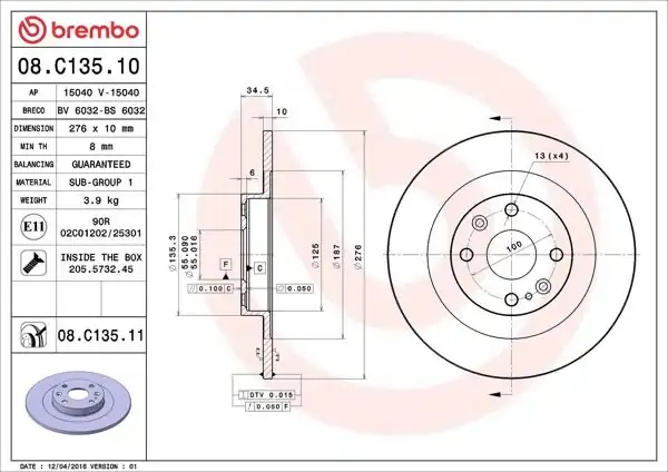 BREMBO 08.C135.11 | Fren Diski Arka UV Coated Mazda | 2 Adet