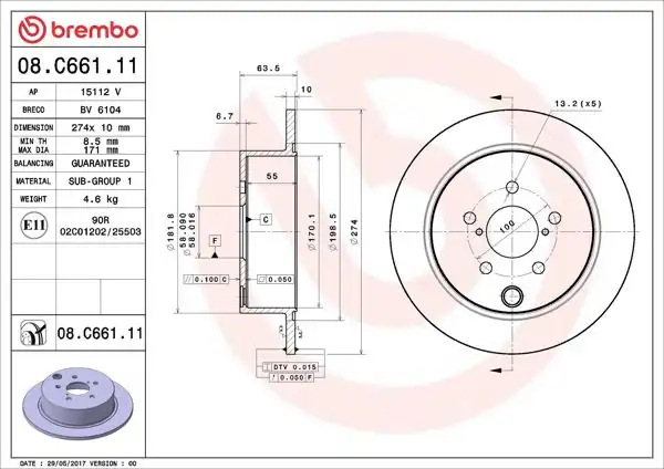 BREMBO 08.C661.11 | Fren Diski Arka UV Coated Subaru | 2 Adet