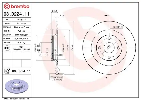 BREMBO 08.D224.11 | Fren Diski Arka UV Coated Mazda | 2 Adet