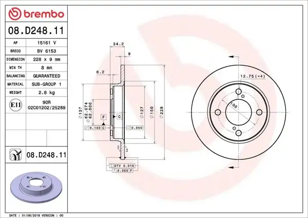 BREMBO 08.D248.11 | Fren Diski Arka UV Coated Suzuki | 2 Adet
