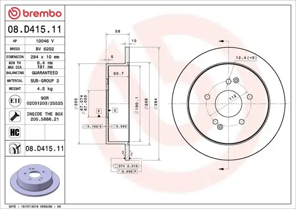 BREMBO 08.D415.11 | Fren Diski Arka UV Coated Ssangyong | 2 Adet