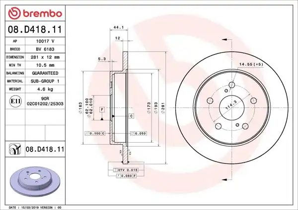 BREMBO 08.D418.11 | Fren Diski Arka Düz (281-5) (Toyota C-Hr 16-/ Rav 4 V 18 -) UV Coated | 2 Adet