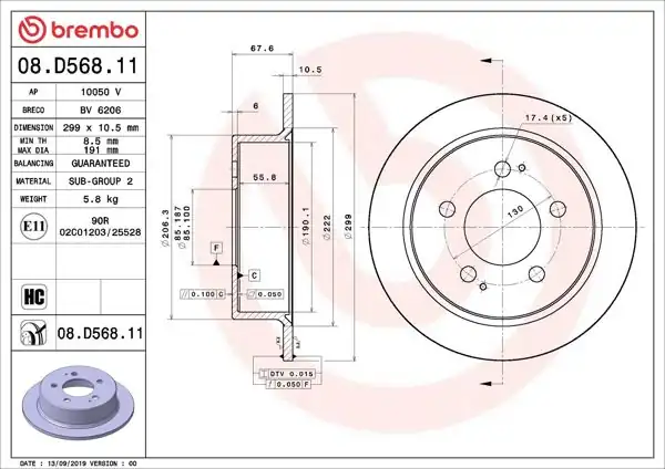 BREMBO 08.D568.11 | Fren Diski Arka UV Coated Ssangyong | 2 Adet
