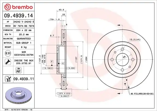 BREMBO 09.4939.14 | Fren Diski Ön Havalı 284.5 mm (Fiat Doblo 06 / Marea 99 / Stilo 1.4 1.6)