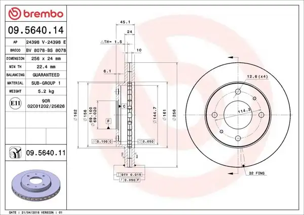 BREMBO 09.5640.14 | Fren Diski Ön Havalı-(256-4)-(Mitsubishi Carisma 96 / 06 1.8) | 2 Adet