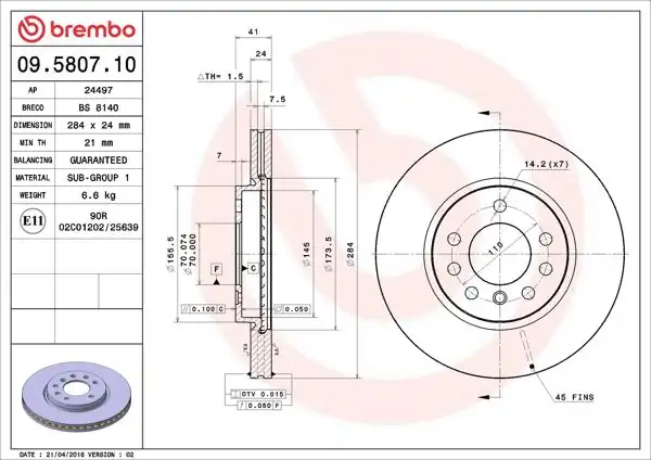 BREMBO 09.5807.10 | Fren Diski Ön Standard Opel | 2 Adet