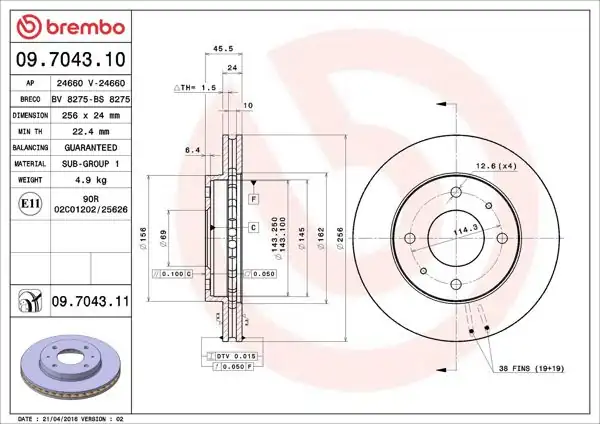 BREMBO 09.7043.10 | Fren Diski Ön Havalı-(256-4)-(Mitsubishi Carisma 96 / 06 1.8)