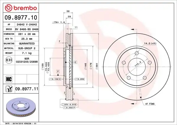 BREMBO 09.8977.11 | Fren Diski Ön UV Coated Chrysler | 2 Adet