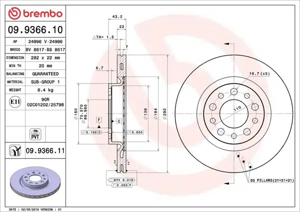 BREMBO 09.9366.11 | Fren Diski Arka UV Coated Alfa Romeo 159 / Sportwagon / Brera | 2 Adet