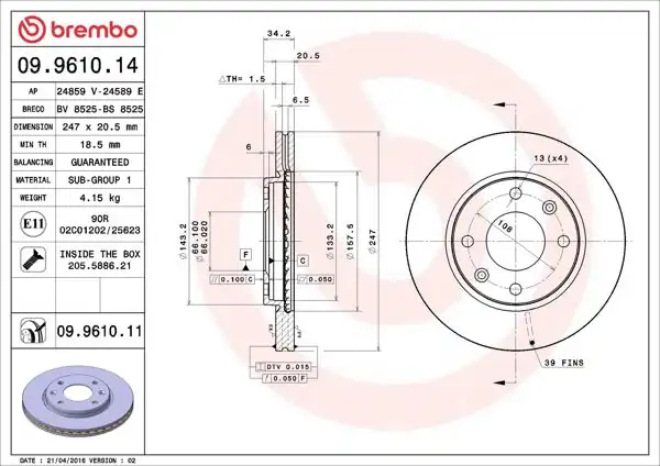 BREMBO 09.9610.14 | Fren Diski Ön Standard Peugeot | 2 Adet