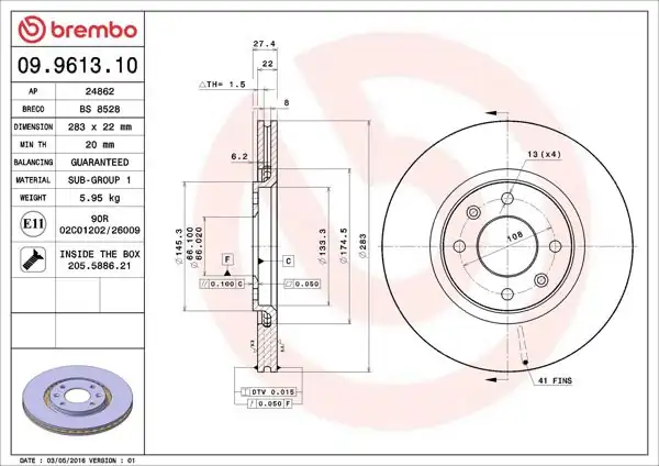 BREMBO 09.9613.10 | Fren Diski Ön Standard Peugeot | 2 Adet