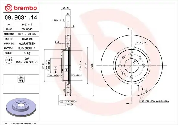 BREMBO 09.9631.14 | Fren Diski Ön Standard Alfa Romeo 145/146 Marea Palio Albea 1.2/1.4/1.6/1.9 | 2 Adet