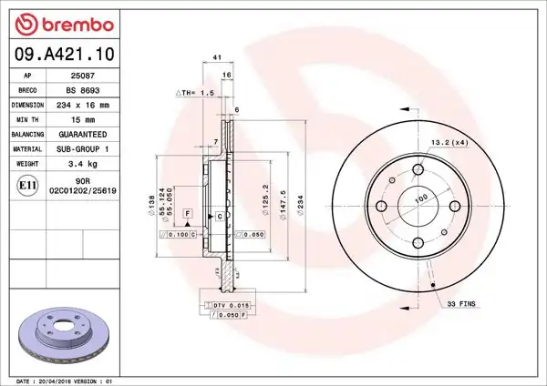 BREMBO 09.A421.10 | Fren Diski Ön Standard Daihatsu | 2 Adet