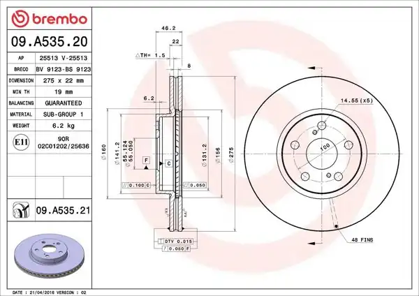 BREMBO 09.A535.21 | Fren Diski Ön UV Coated Toyota | 2 Adet
