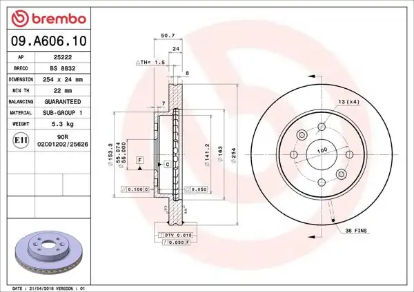 BREMBO 09.A606.10 | Fren Disk Ön Hava Kanallı 254-4 (Kia Rio 00-05) | 1 Adet