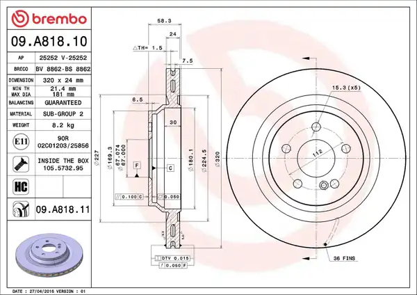 BREMBO 09-A818-11 | Fren Diski 221 Arka 500 600 Mercedes Benz W221 C216 W222 R230 05 17 AMG Kod: 950 951 2 Adet