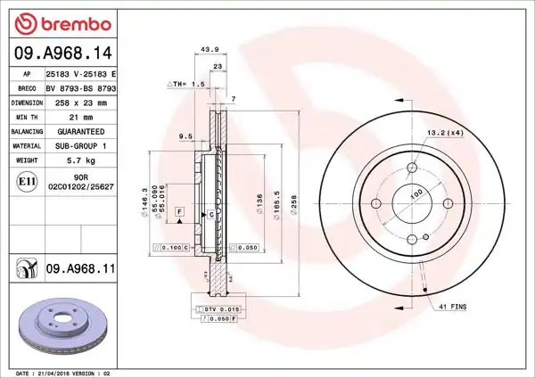BREMBO 09.A968.14 | Fren Diski Ön Havalı-(258-4)-(Mazda-2 08 / 12) | 2 Adet