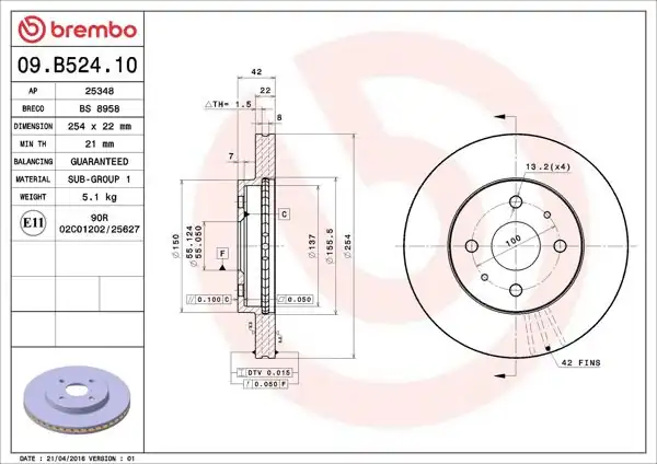 BREMBO 09.B524.10 | Fren Diski Ön Standard Daihatsu | 2 Adet