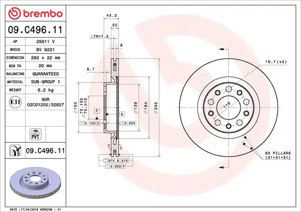 BREMBO 09.C496.11 | Fren Diski Arka Alfa Romeo Giulia 2.0 2.2 15> 2 Adet