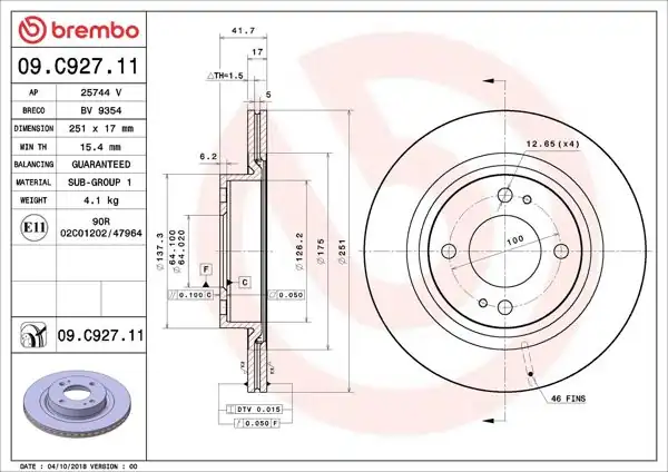 BREMBO 09.C927.11 | Fren Diski Ön Mitsubishi Mırage Space Star 12-/ Space Star 1.2 2020-/ Attrage 13-/ 251×4 | 2 Adet