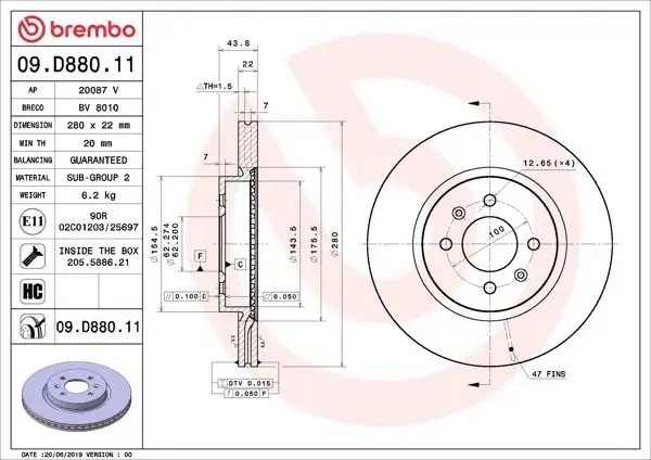 BREMBO 09.D880.11 | Fren Diski Ön UV Coated Hyundai | 2 Adet