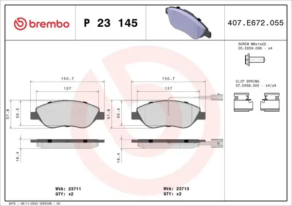 BREMBO P23145 | Fren Balatası Ön Alfa Romeo Mito 1.3D 01/11 > Chrysler Delta 1.4/1.6D 09/11 > Fiat Bravo
