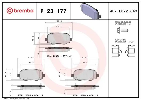 BREMBO P23177 | Arka Fren Balatası 500X/Tonale/Compass/Renegade