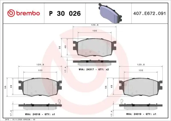 BREMBO P30026 | Balata Fren Ön-(Hyundai Accent-Era 07 / 11 / i20 08 / 11 1.4 Benzinli-1.4 CRDI Dizel / Rio 06 / 11)