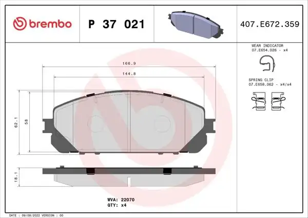 BREMBO P37021 | Fren Balatası Ön (Jeep Cherokee 2013 -) Low-Met