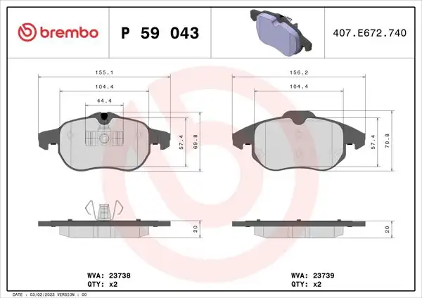 BREMBO P59043 | Fren Balatası Ön (Opel: Vectra C 1.6 1.8 2.0)