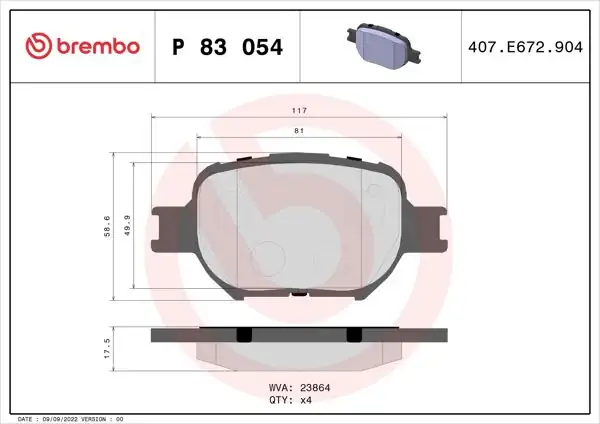 BREMBO P83054 | Fren Balatası Ön (Toyota Corolla Verso 1.8 / 2.0D 01-04) Low-Met