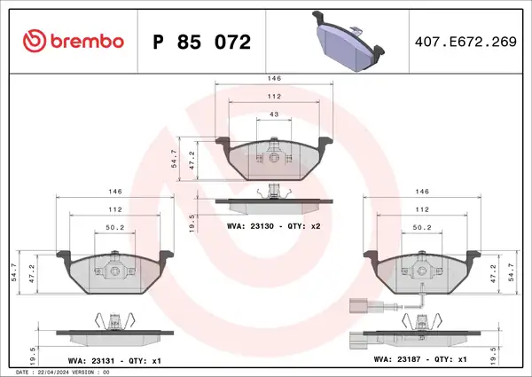 BREMBO P85072X | Fren Balatası Kablolu VW Golf 98 06 Polo 02 05 Audi A3 97 03 Seat Leon 00 06 Skoda Octavia 97 11