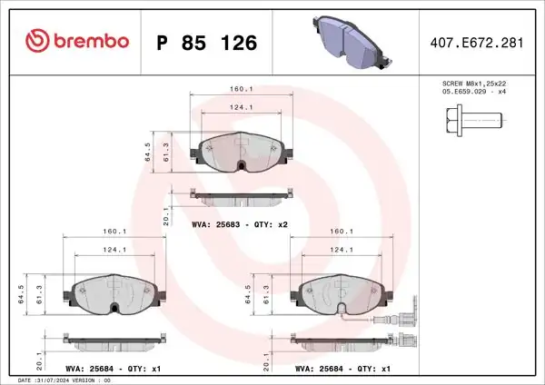 BREMBO P85126 | Fren Balatası Ön Kablolu-(VW Caddy 16-Golf 13-Audi A3 13-Seat Leon 13-Skoda Octavia 13 -)
