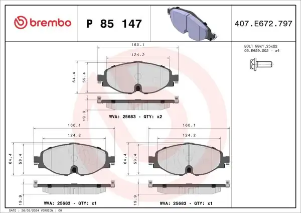BREMBO P85147 | Ön Fren Balatası-Kablolu-(VW Caddy 16-Golf 13-Audi A3 13-Seat Leon 13-Skoda Octavia 13 -)