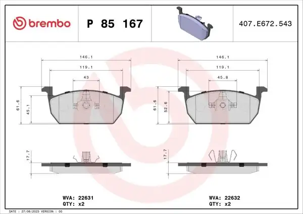 BREMBO P85167 | Fren Balatası Ön (VW Polo 18- Audi A1 19- Seat Ibiza 18 -)